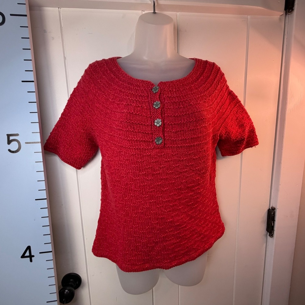 Red Handmade Knit Crochet Henley Women's Top Medium Festive Party Floral